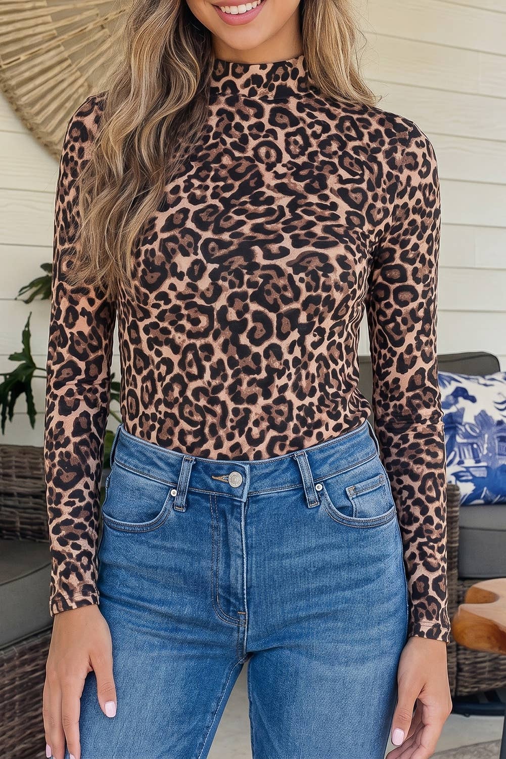 Leopard Mock Neck Long Sleeve Western Slim Top - Cassie's Creekside Boutique