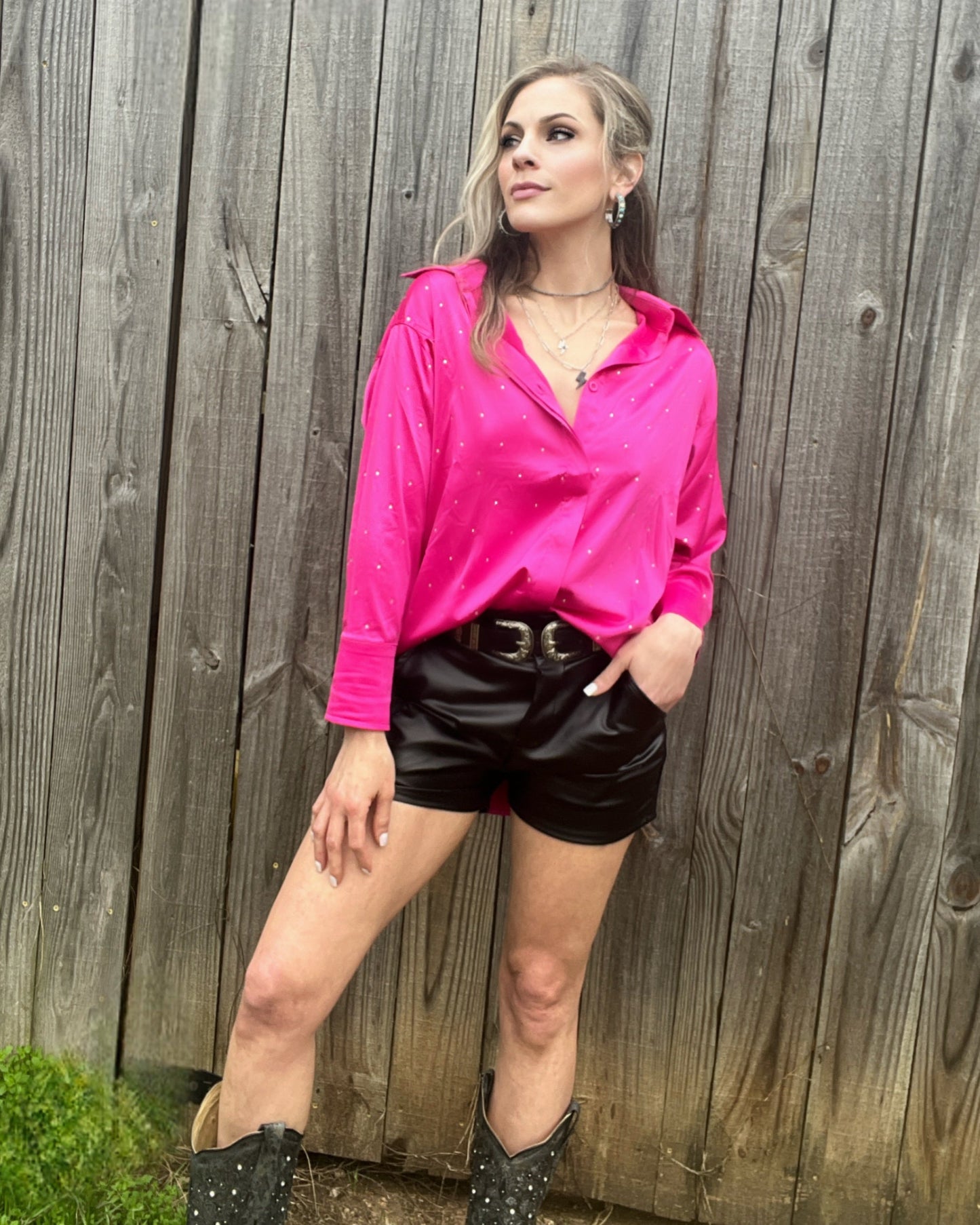 Pink Satin Rhinestone Oversized Button Up - Cassie's Creekside Boutique