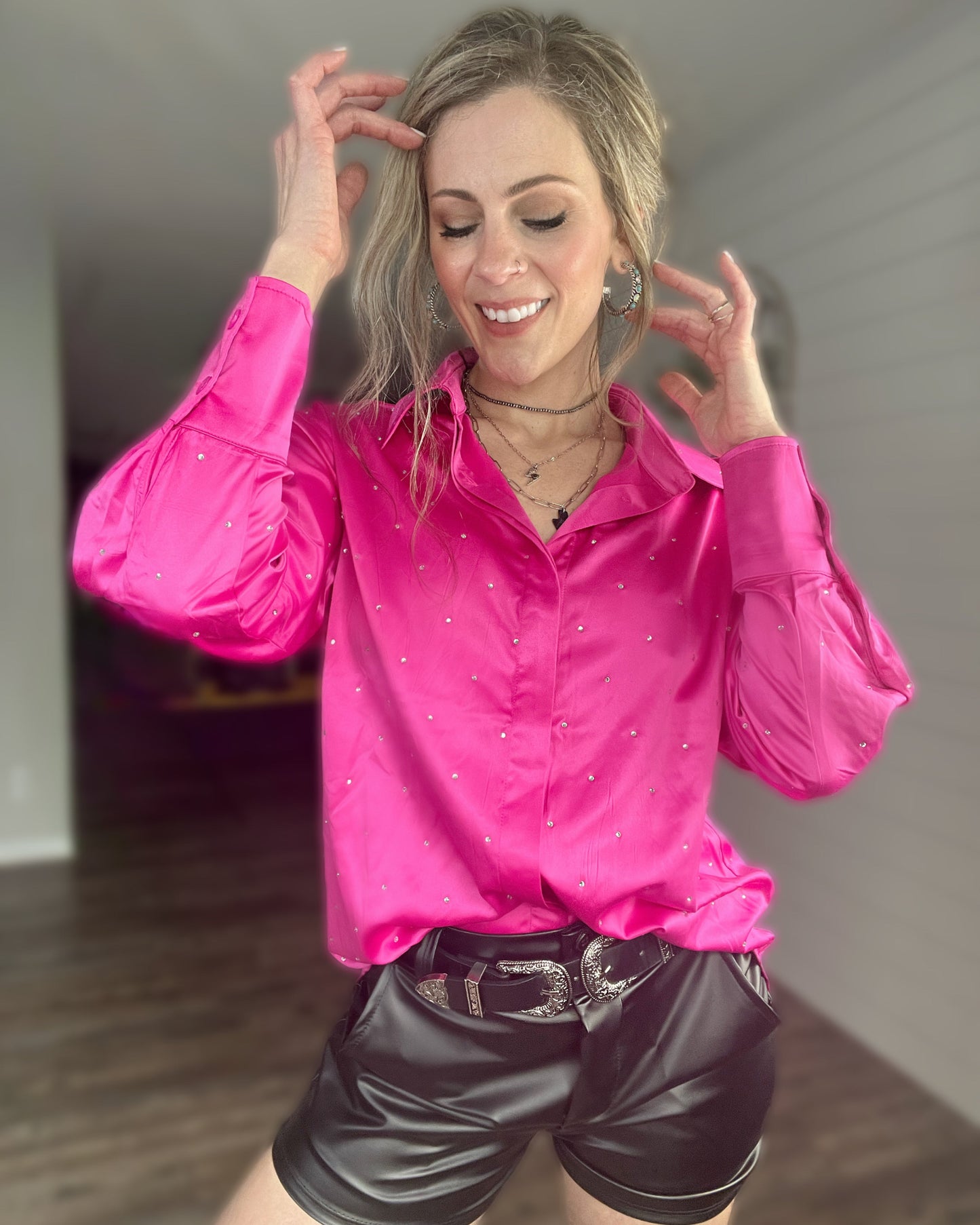 Pink Satin Rhinestone Oversized Button Up - Cassie's Creekside Boutique