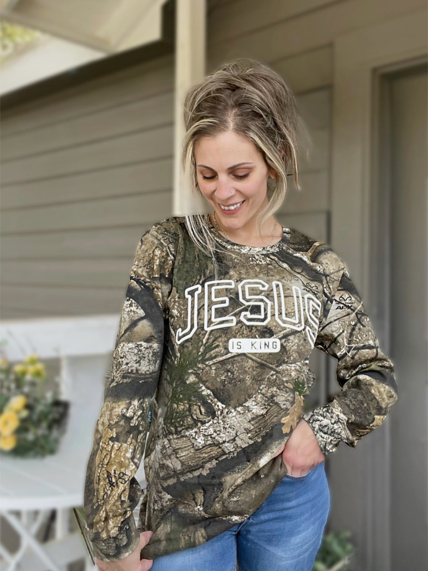 Jesus is King Camo Pullover - Cassie's Creekside Boutique