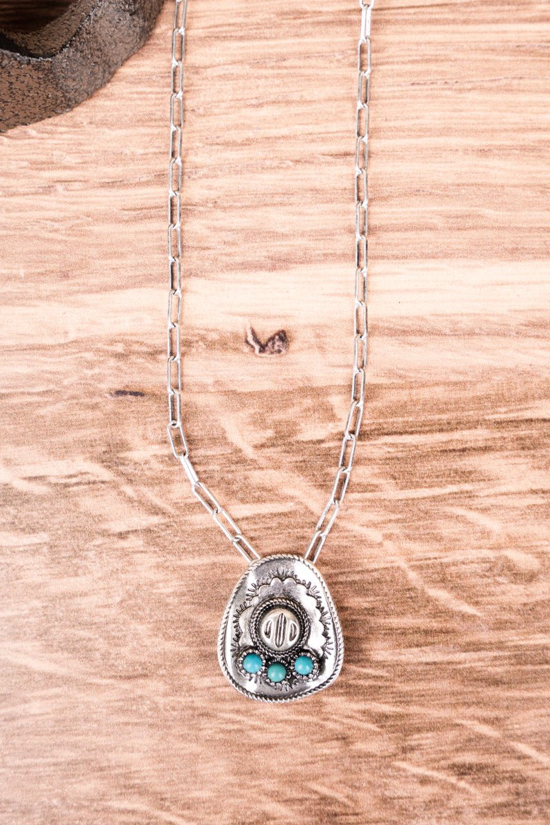 Turquoise Annie Cowgirl Hat Silvertone Necklace - Cassie's Creekside Boutique