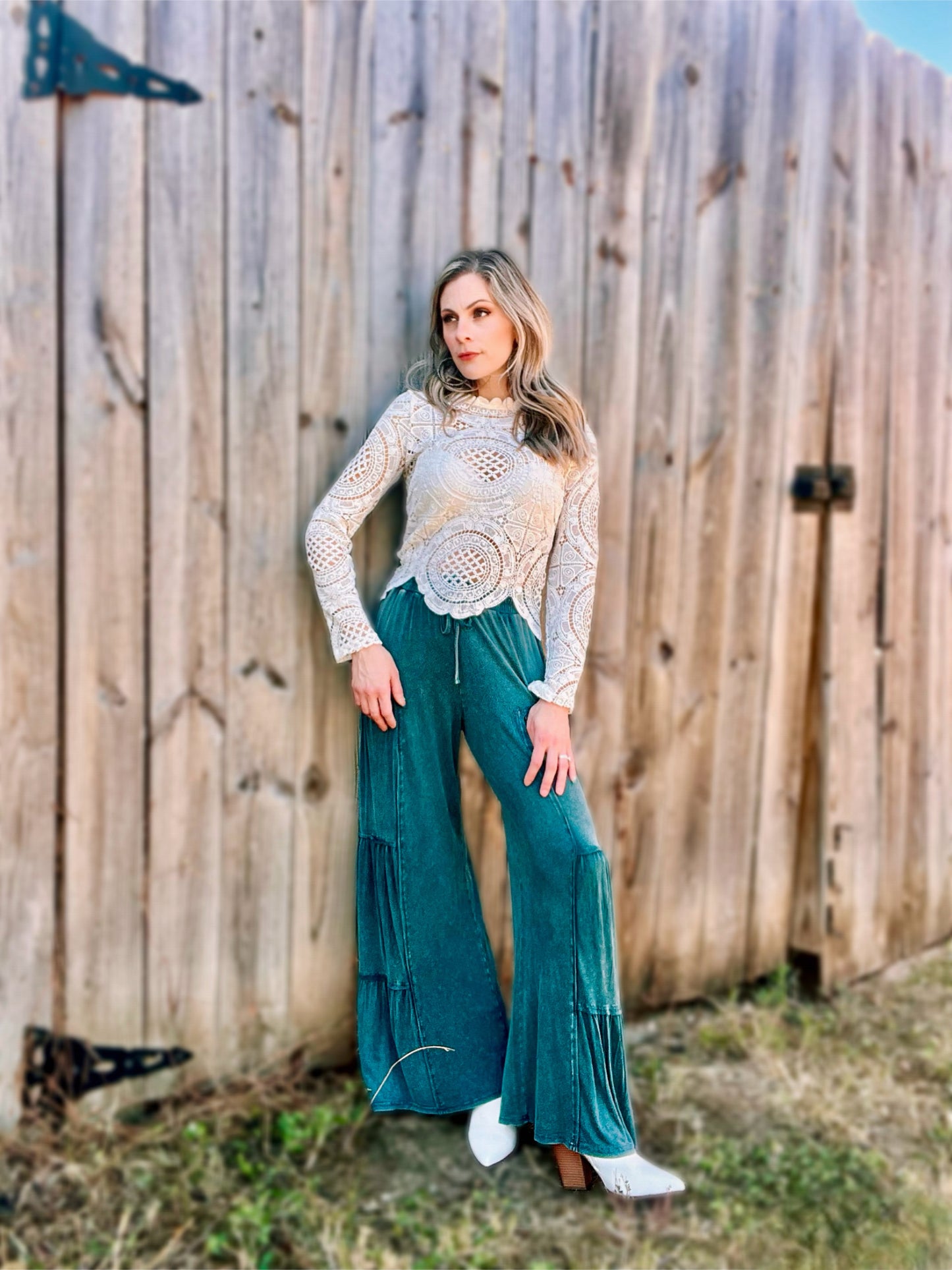Teal Mineral Wash Wide Leg Pants - Cassie's Creekside Boutique