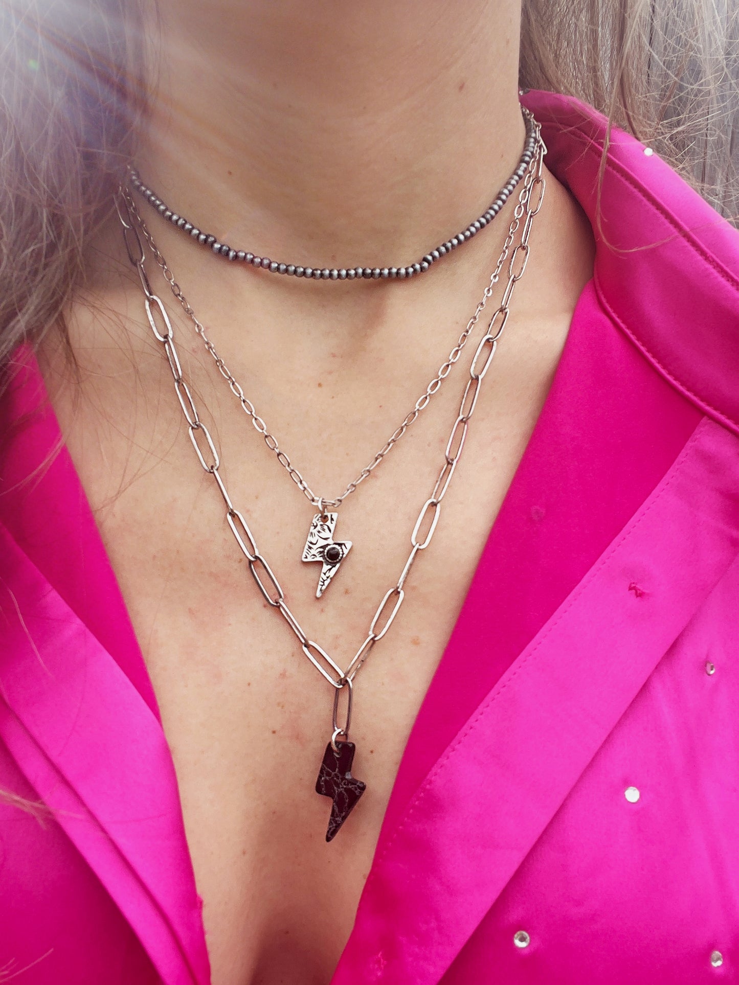 Black Lightning Bolt 3 Row Layered Necklace - Cassie's Creekside Boutique