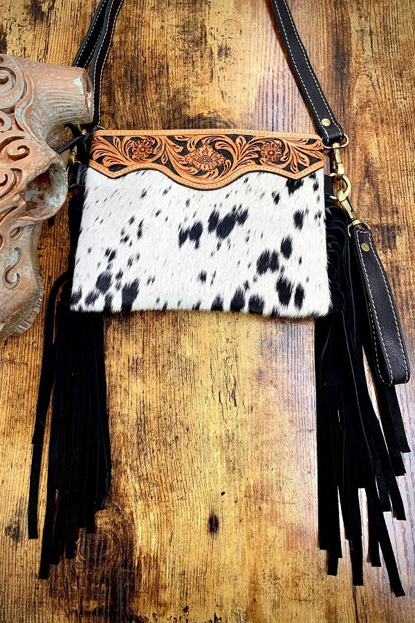 Black Cowhide Genuine Leather Crossbody Fringe Bag W Wristlet & Shoulder Strap - Cassie's Creekside Boutique