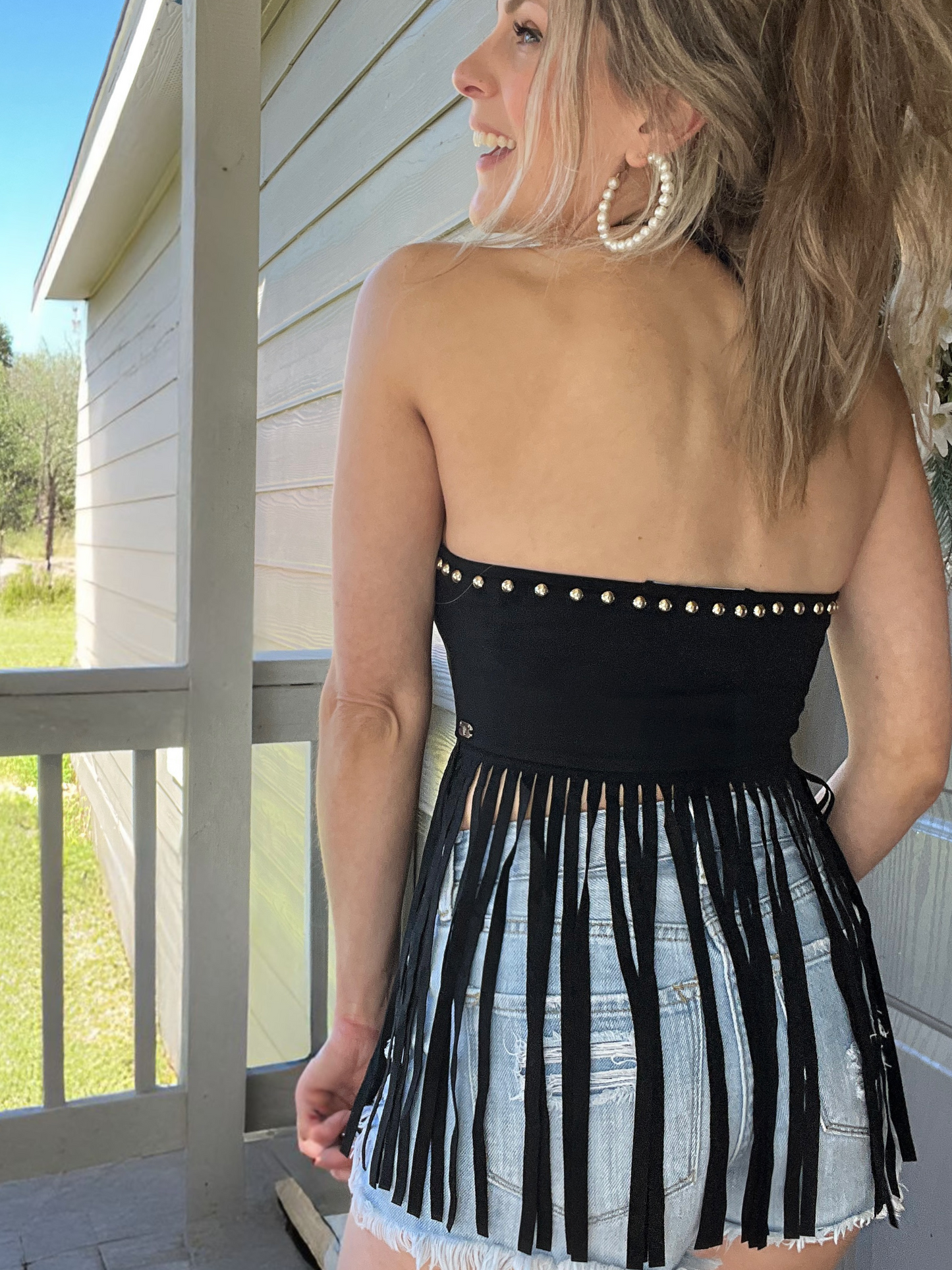 Black Suede Fringe with Boot Stitch Halter Top - Cassie's Creekside Boutique