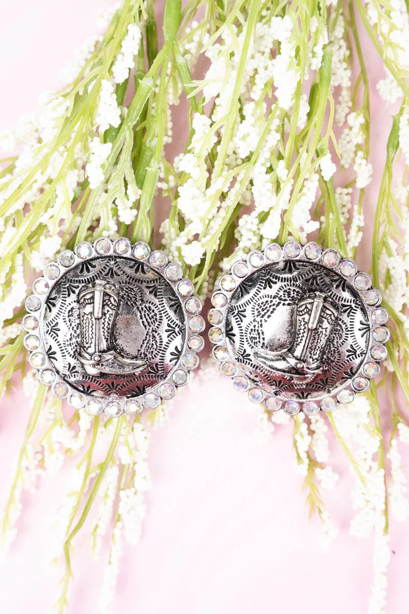 Crystal Cowboy Boot Silvertone Earrings - Cassie's Creekside Boutique