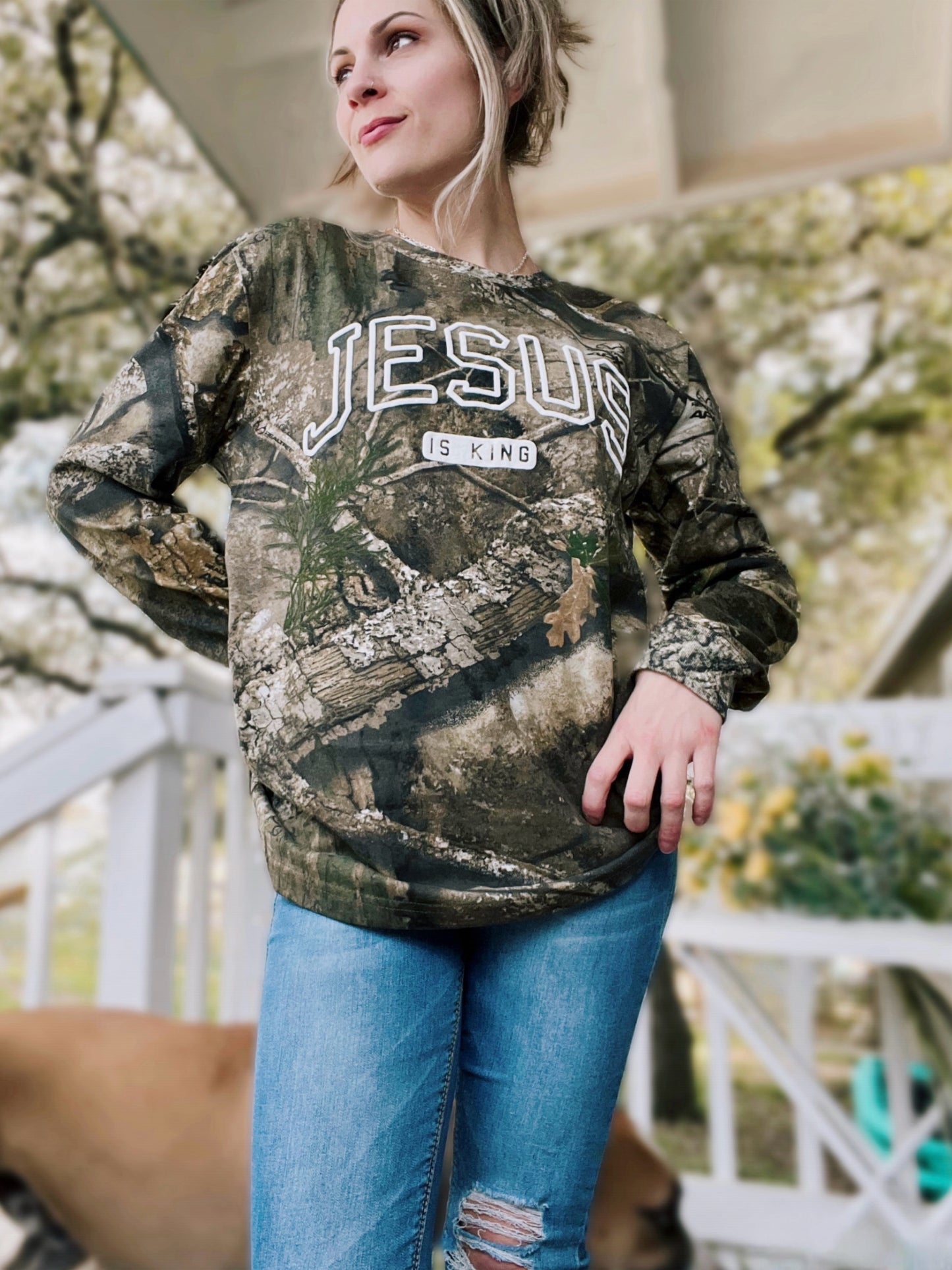 Jesus is King Camo Pullover - Cassie's Creekside Boutique