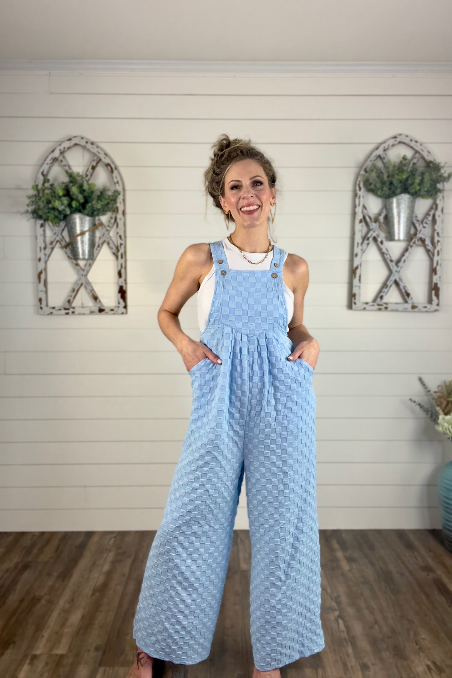 Checkered Blue Wide Leg Overall - Cassie's Creekside Boutique