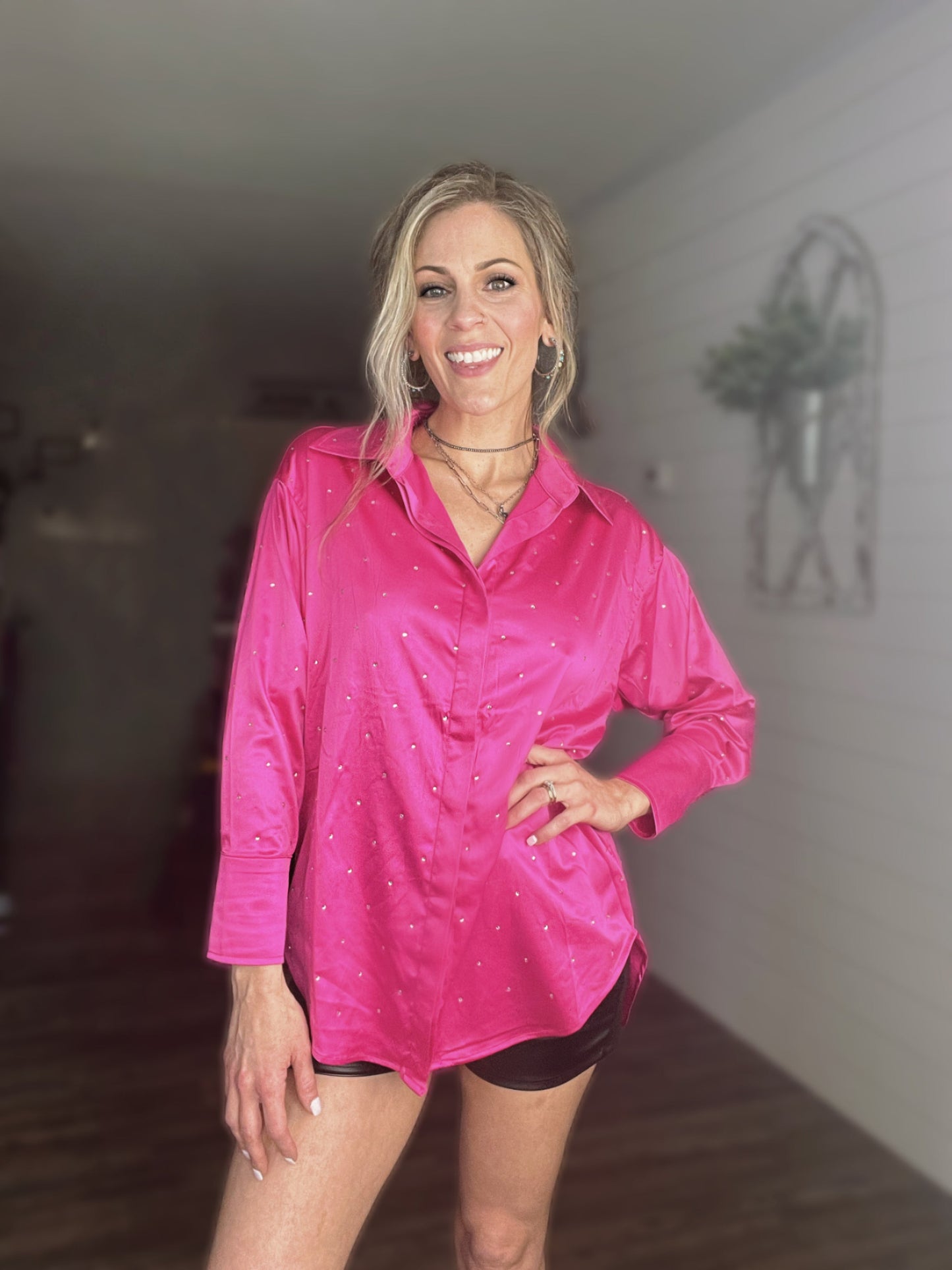 Pink Satin Rhinestone Oversized Button Up - Cassie's Creekside Boutique