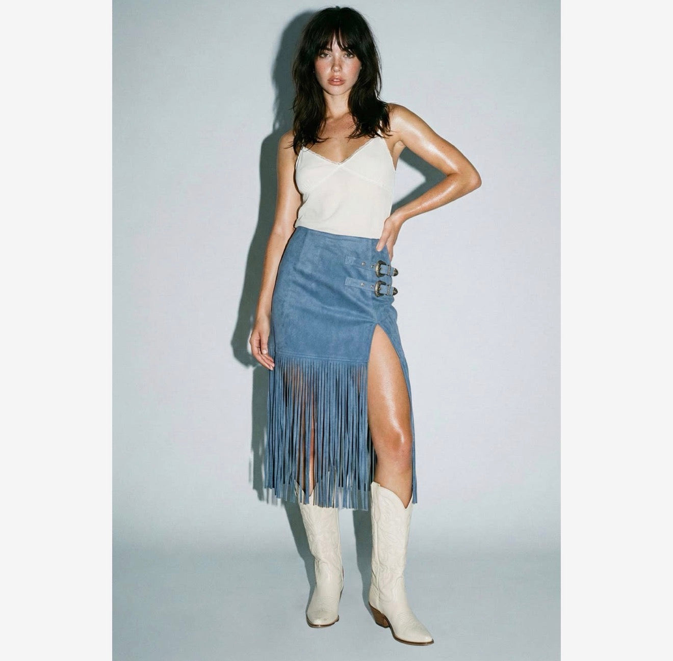 Blue Fringed Double Buckle Skirt
