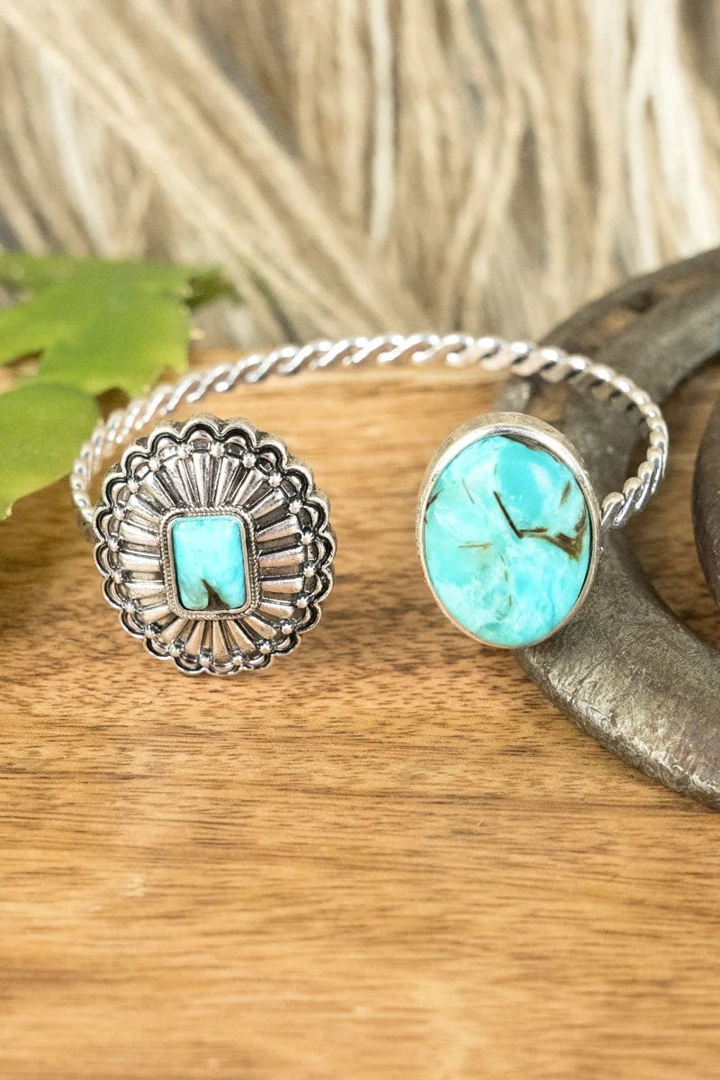 Turquoise Double Concho Accent and Oval Silvertone Cuff Bracelet - Cassie's Creekside Boutique