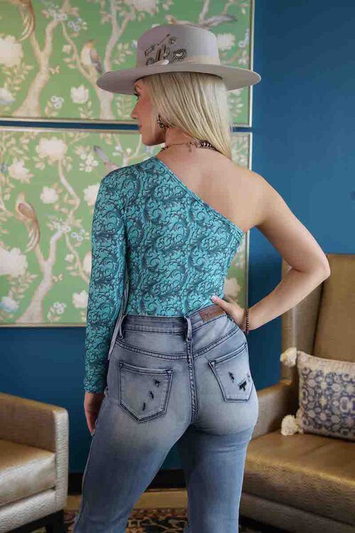 Turquoise Tooled One Shoulder Fringe Bodysuit - Cassie's Creekside Boutique