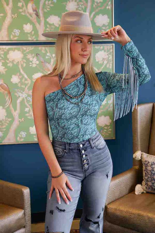Turquoise Tooled One Shoulder Fringe Bodysuit - Cassie's Creekside Boutique