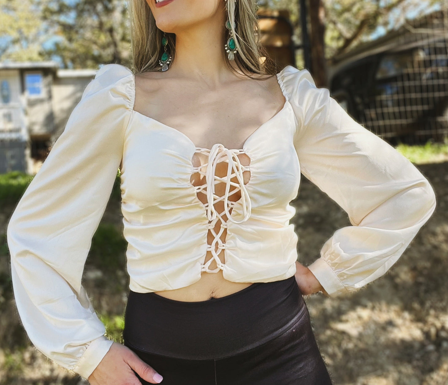 Ivory Lace Up Crop - Cassie's Creekside Boutique
