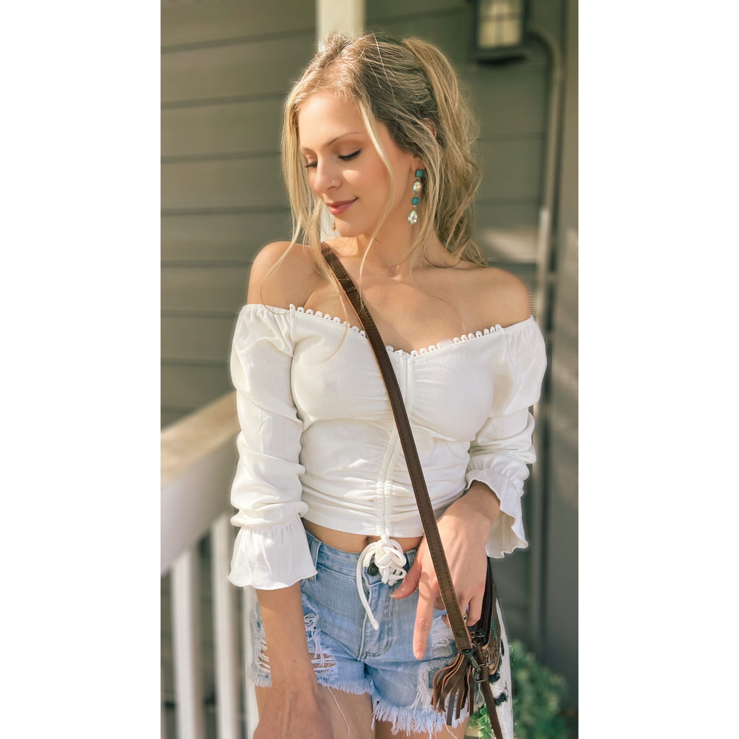 White Drawstring Off The Shoulder Crop Top - Cassie's Creekside Boutique