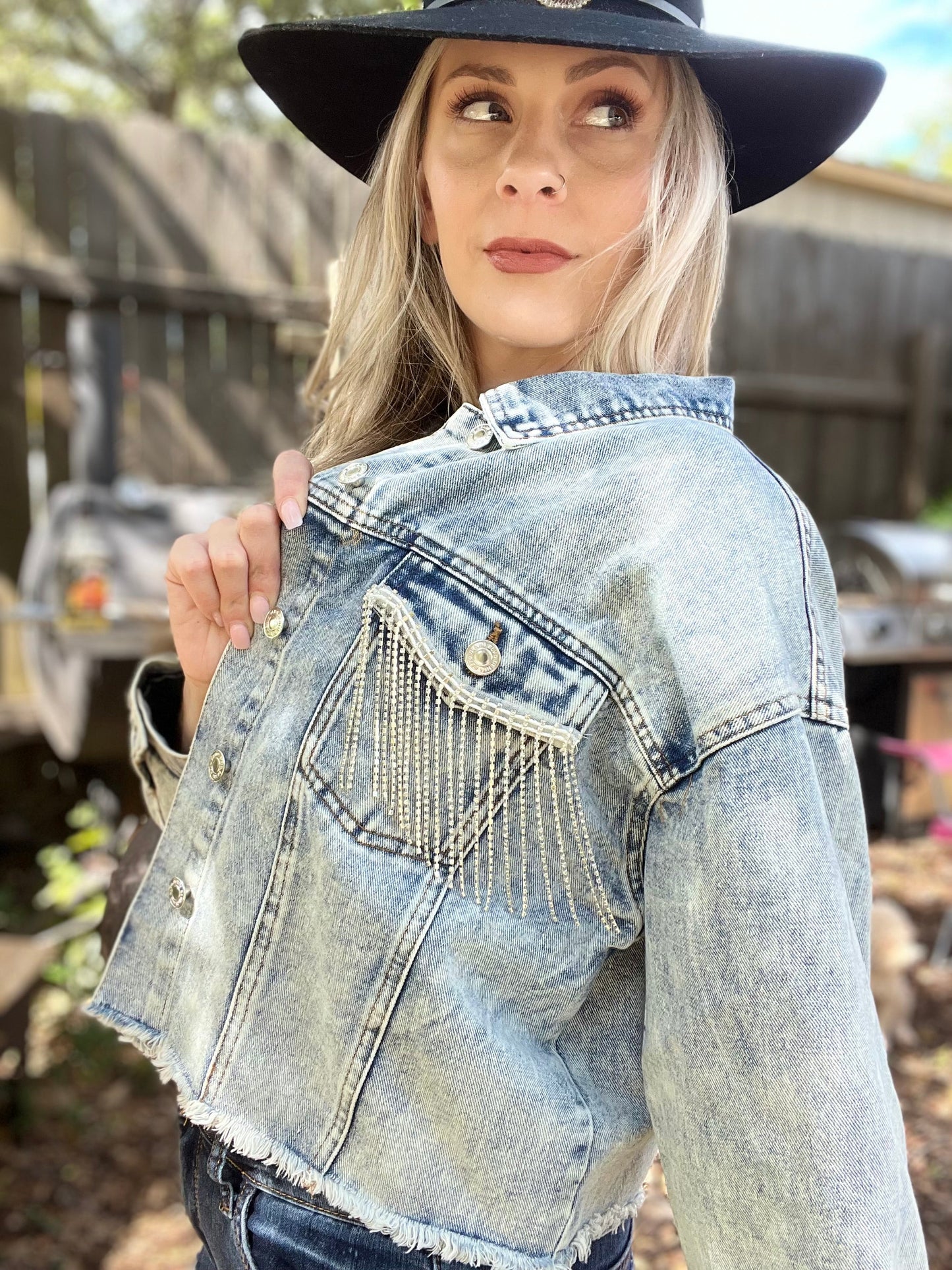 Rhinestone Fringe Denim Jacket