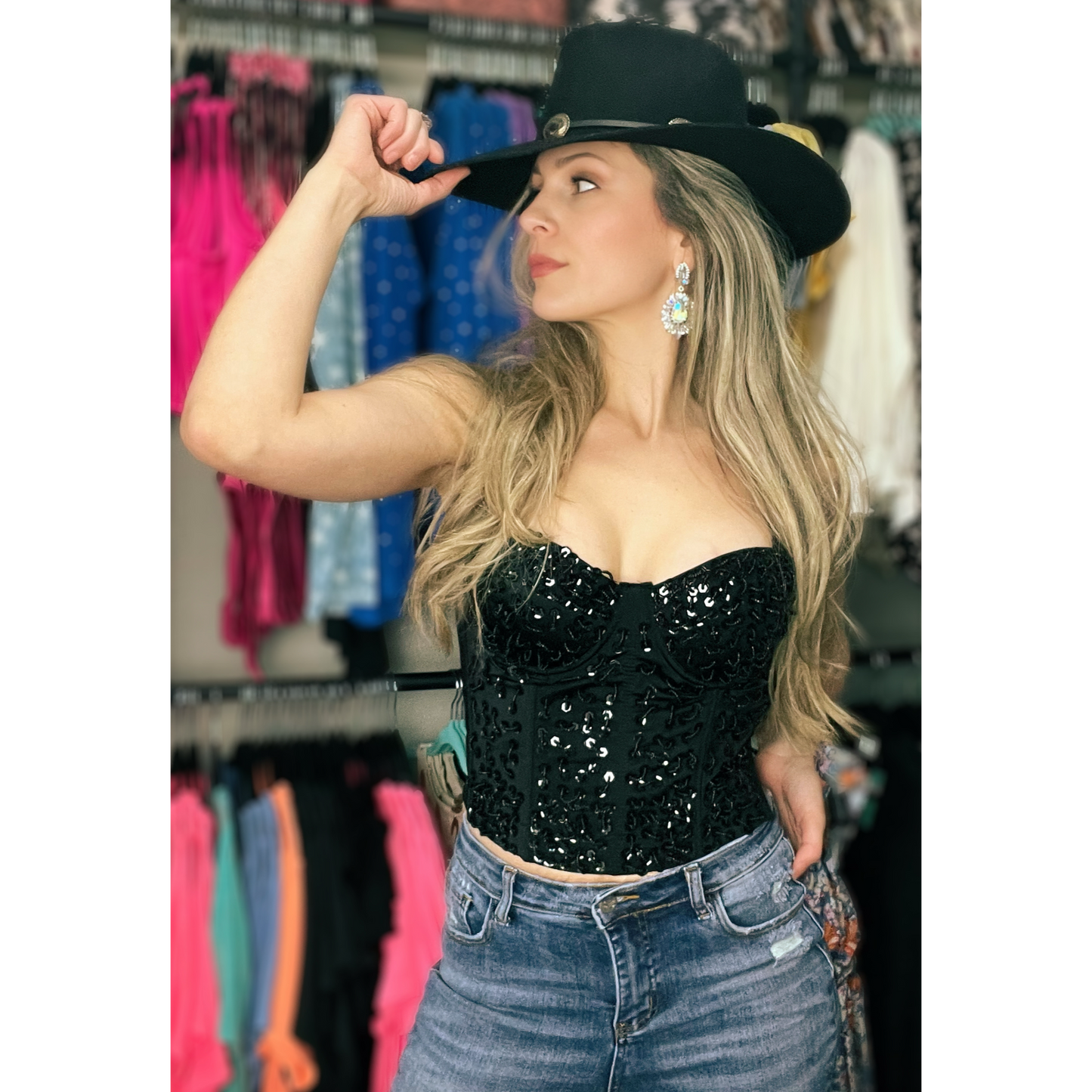 Black Cadillac Sequin Beaded Corset Top - Cassie's Creekside Boutique