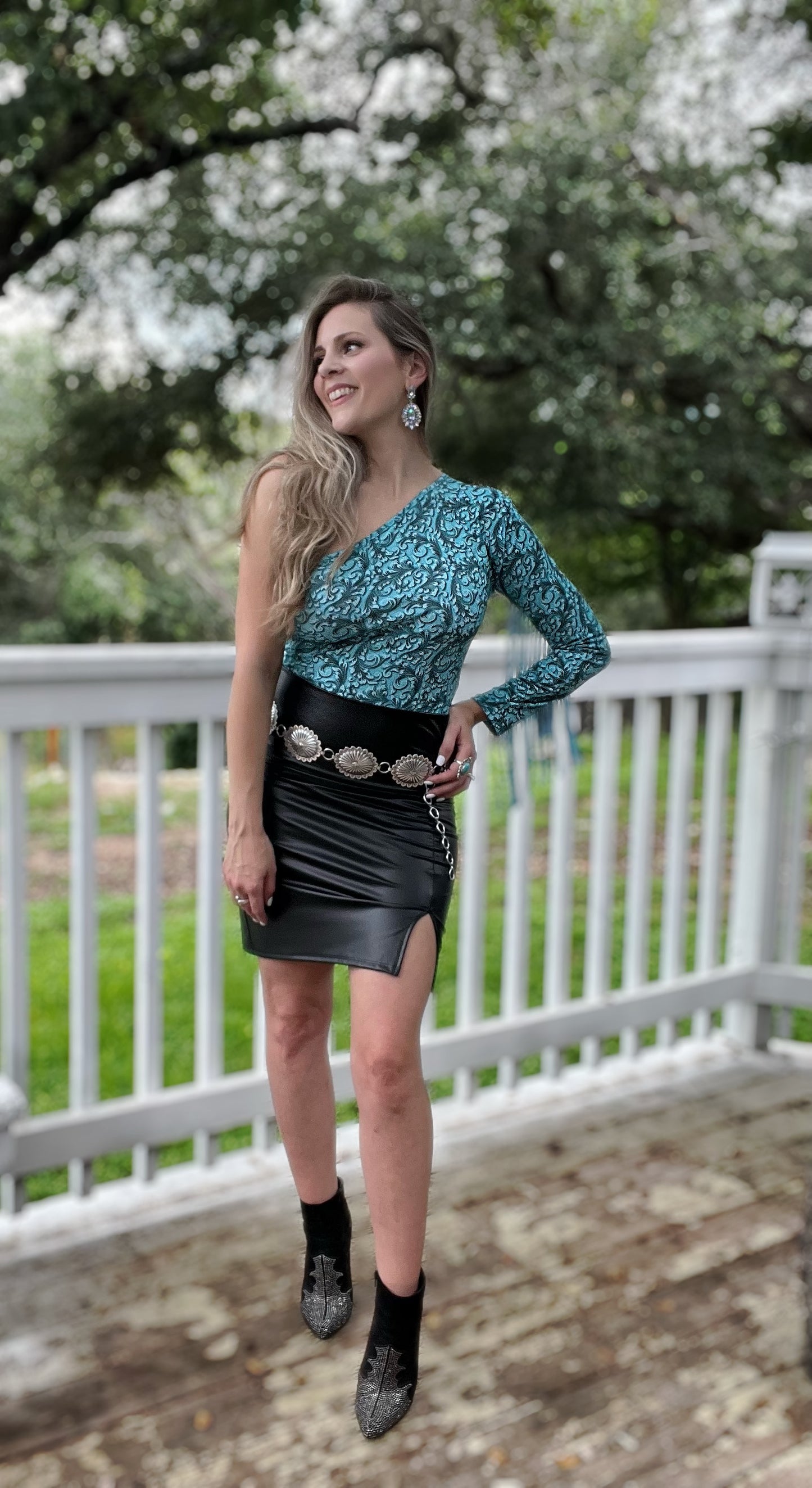 Turquoise Tooled One Shoulder Fringe Bodysuit - Cassie's Creekside Boutique