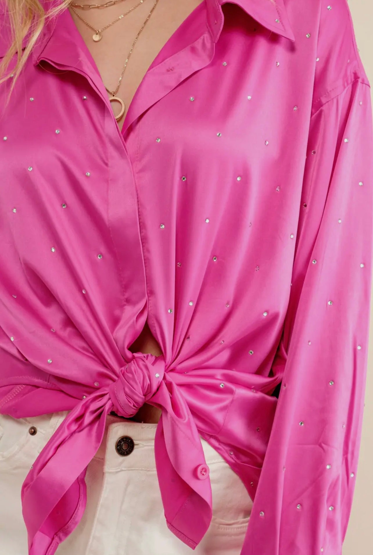 Pink Satin Rhinestone Oversized Button Up - Cassie's Creekside Boutique