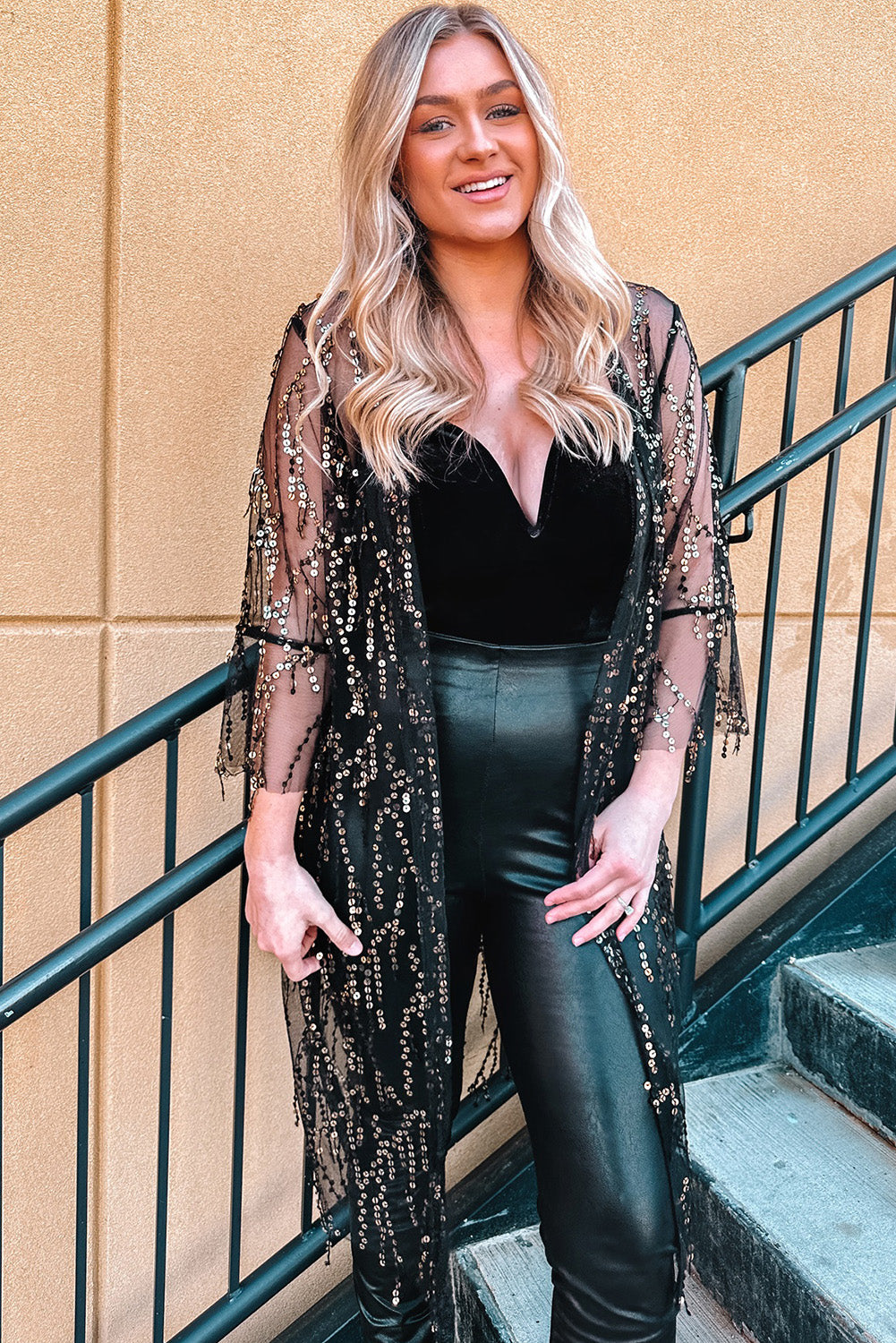Black Sequin Sheer Long Sleeve Kimono - Cassie's Creekside Boutique