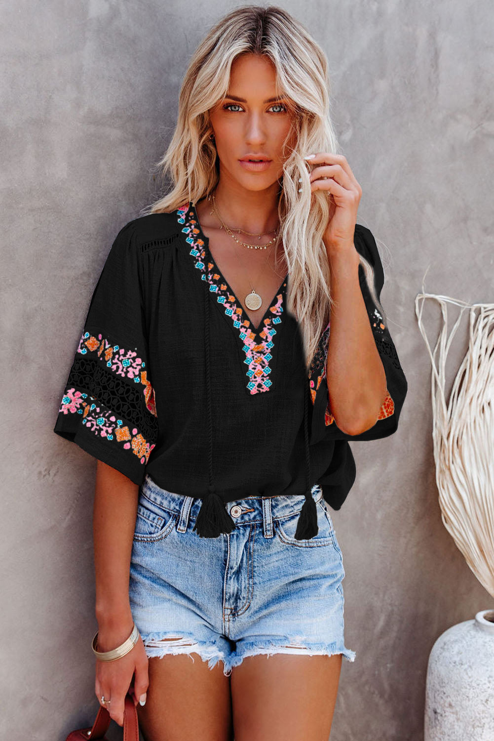 Black Tassel Drawstring Embroidered Half Sleeve V Neck Top - Cassie's Creekside Boutique