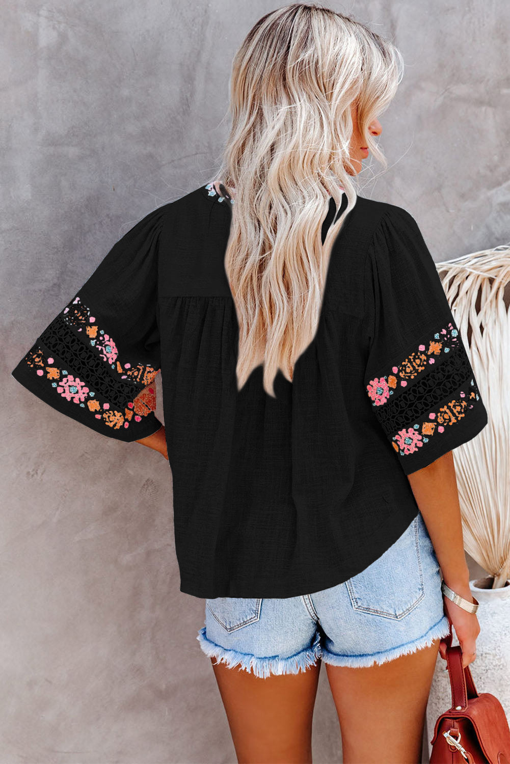 Black Tassel Drawstring Embroidered Half Sleeve V Neck Top - Cassie's Creekside Boutique