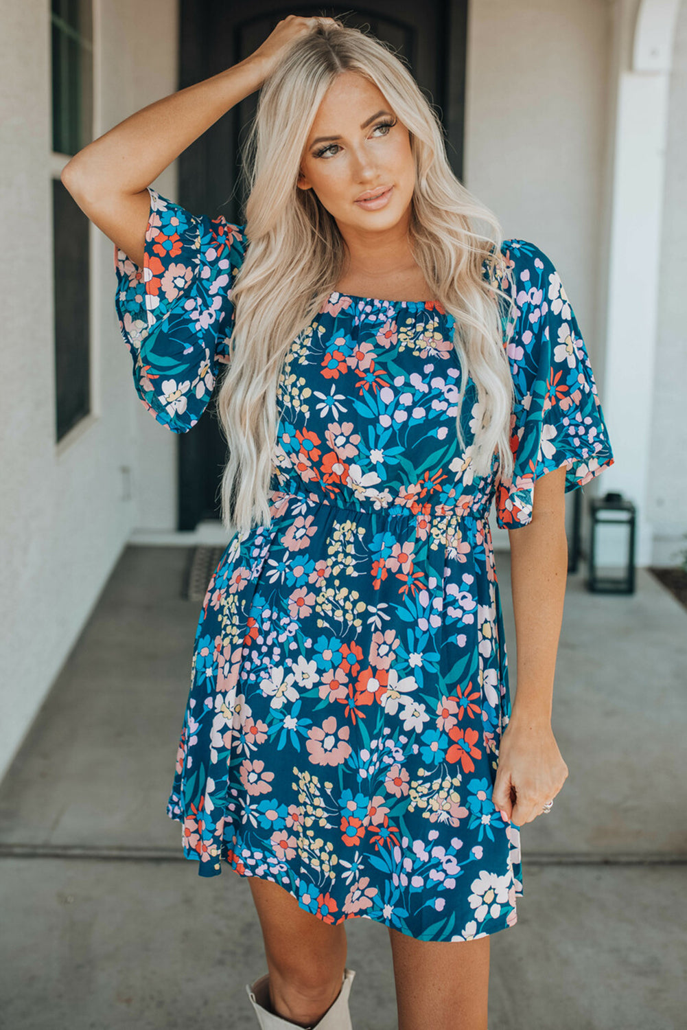 Blue Square Neck Ruffle Floral Dress - Cassie's Creekside Boutique