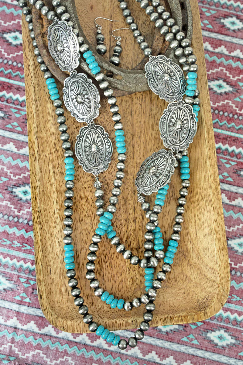 Concho Mountain Turquoise & Silver Pearl Necklace and earring set - Cassie's Creekside Boutique