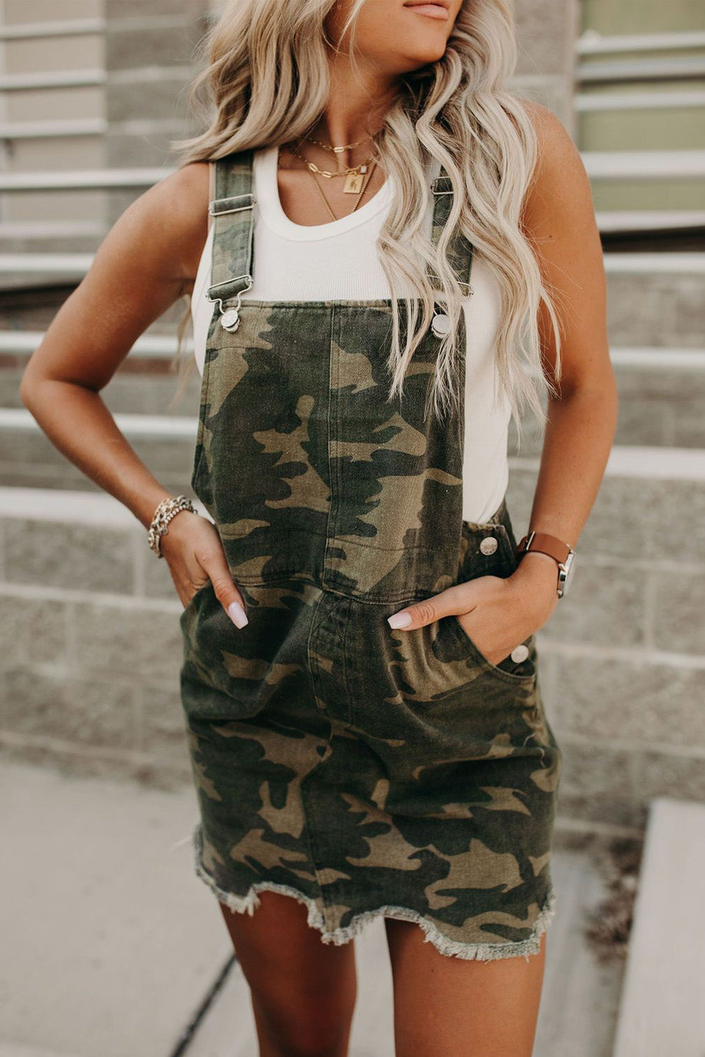 Green Camo Print Overalls Mini Dress