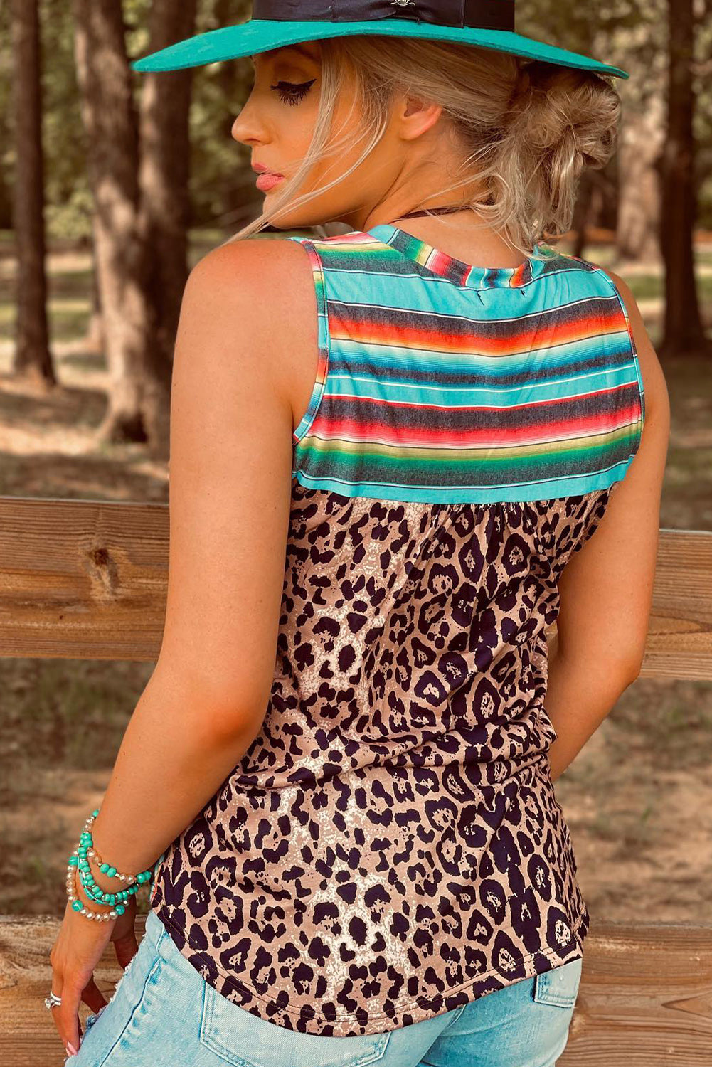 Serape Leopard Patchwork Pocket V Neck Tank Top - Cassie's Creekside Boutique