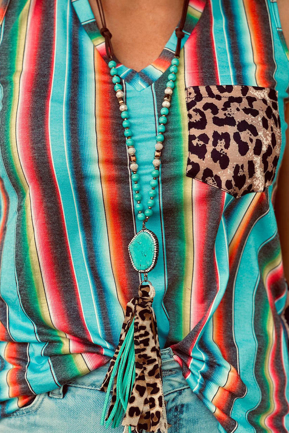 Serape Leopard Patchwork Pocket V Neck Tank Top - Cassie's Creekside Boutique