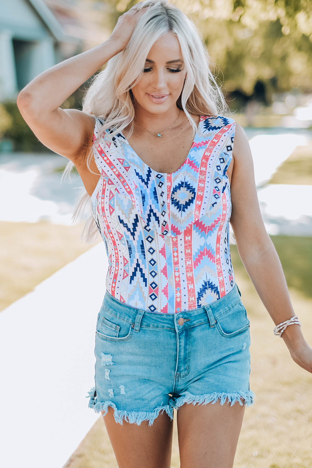 Western Aztec Print Ruffled Sleeveless Bodysuit - Cassie's Creekside Boutique