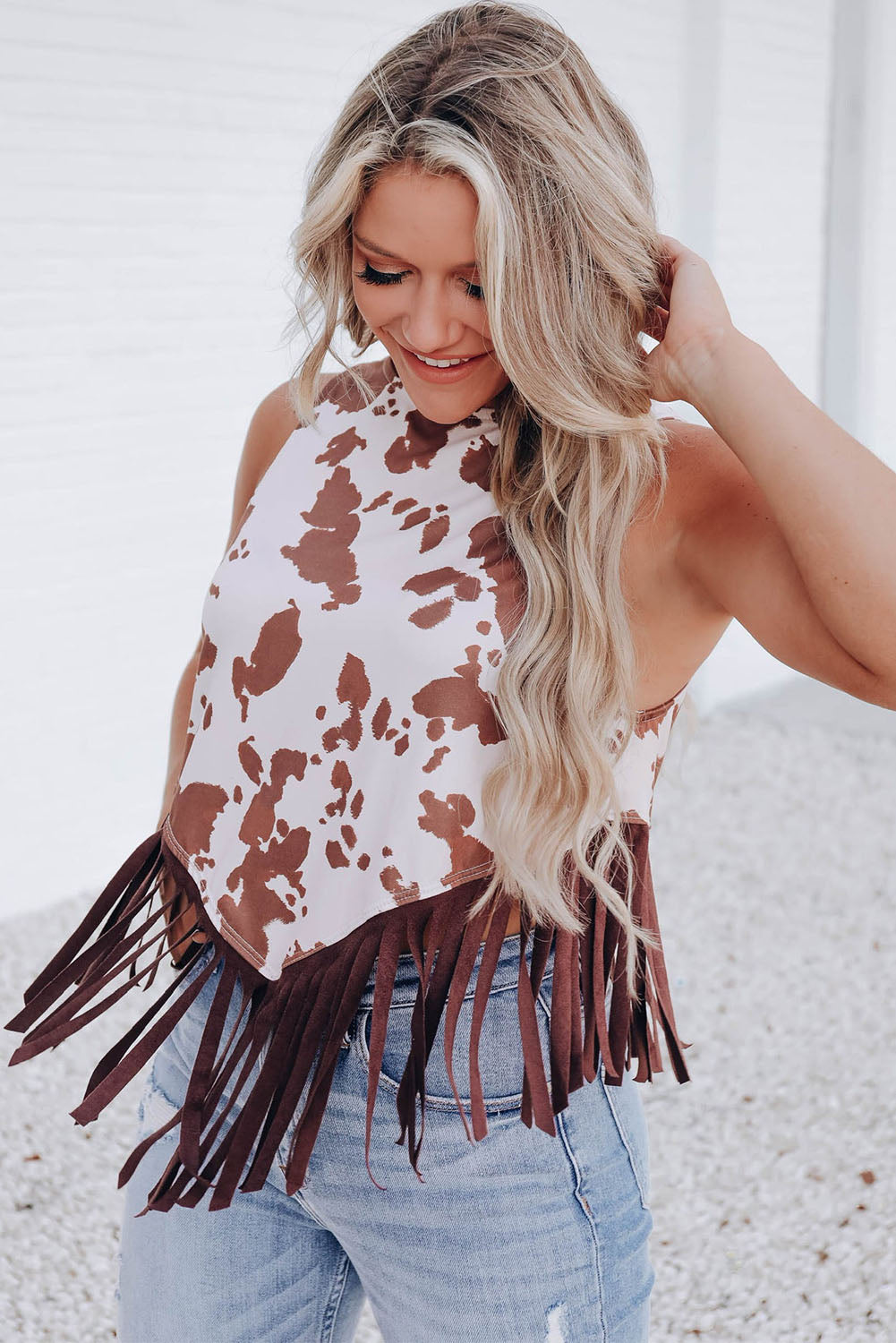White Cow Printed Fringe Hem Tank Top