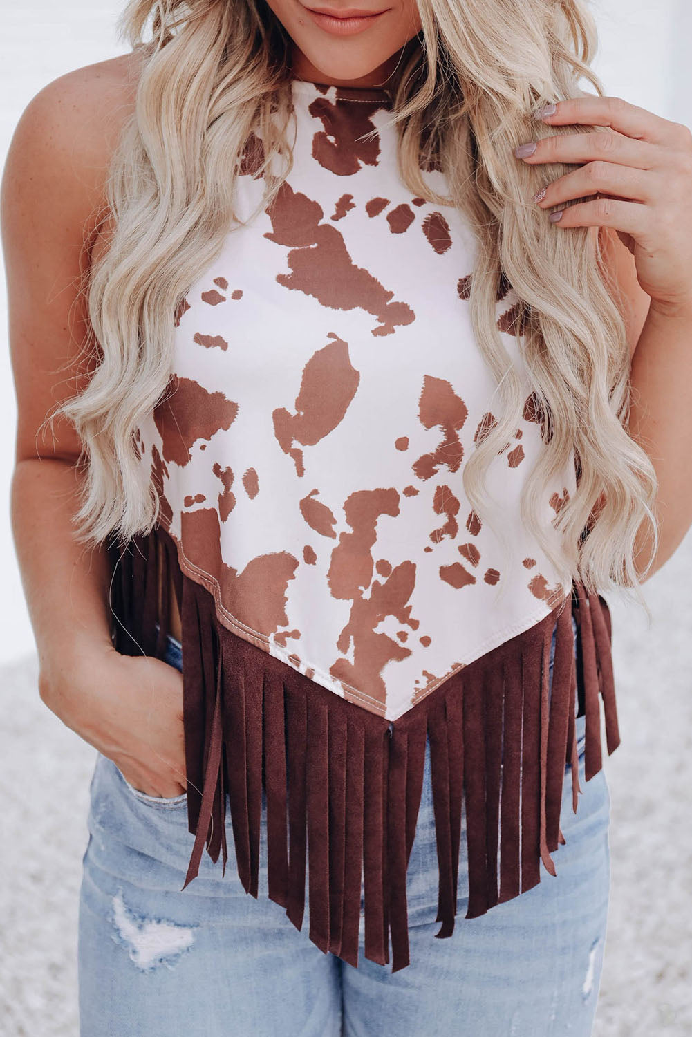 White Cow Printed Fringe Hem Tank Top