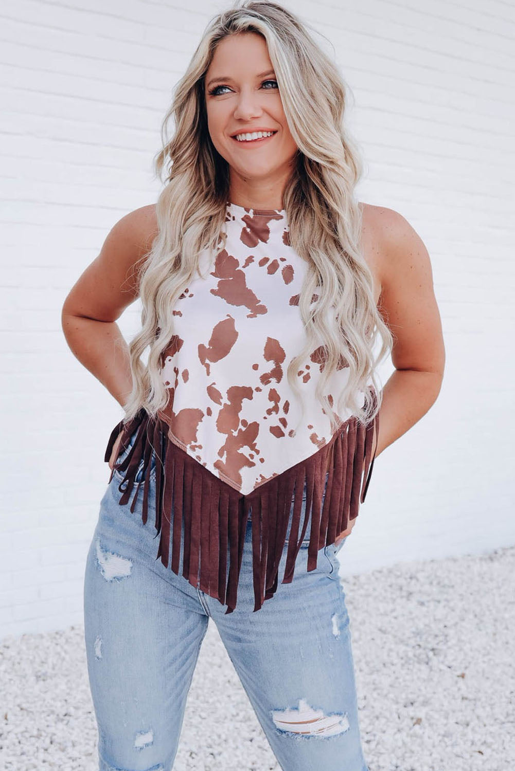 White Cow Printed Fringe Hem Tank Top - Cassie's Creekside Boutique