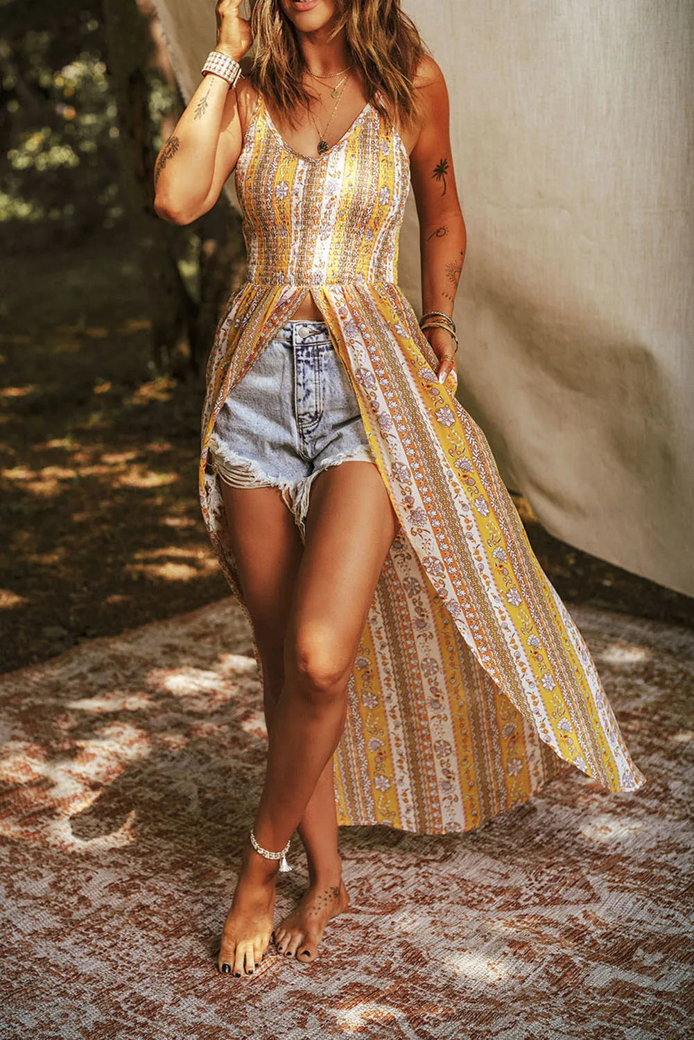 Yellow Boho Floral Print Smocked Front Slit Maxi Tank - Cassie's Creekside Boutique