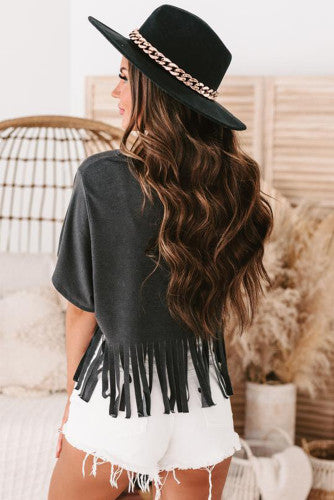 Black Fringed Hem V-Neck Tee - Cassie's Creekside Boutique