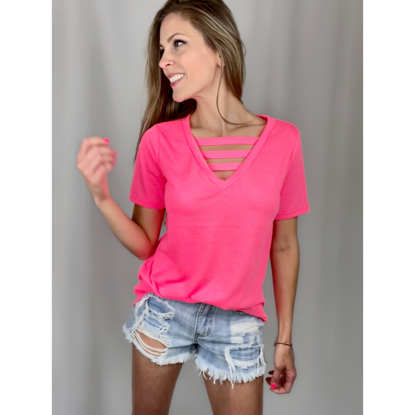 Pink V-Neck Strappy Tee - Cassie's Creekside Boutique