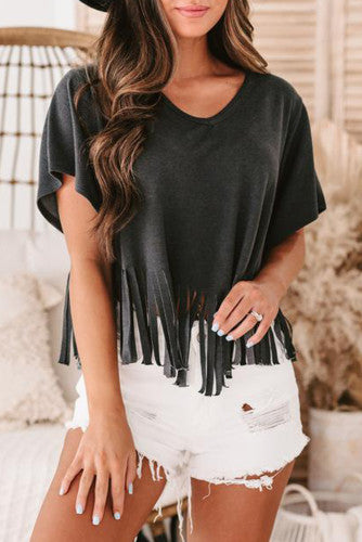 Black Fringed Hem V-Neck Tee - Cassie's Creekside Boutique