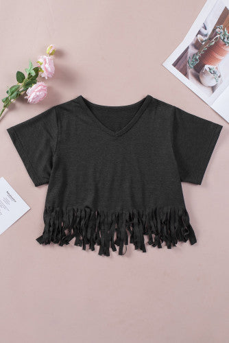 Black Fringed Hem V-Neck Tee - Cassie's Creekside Boutique