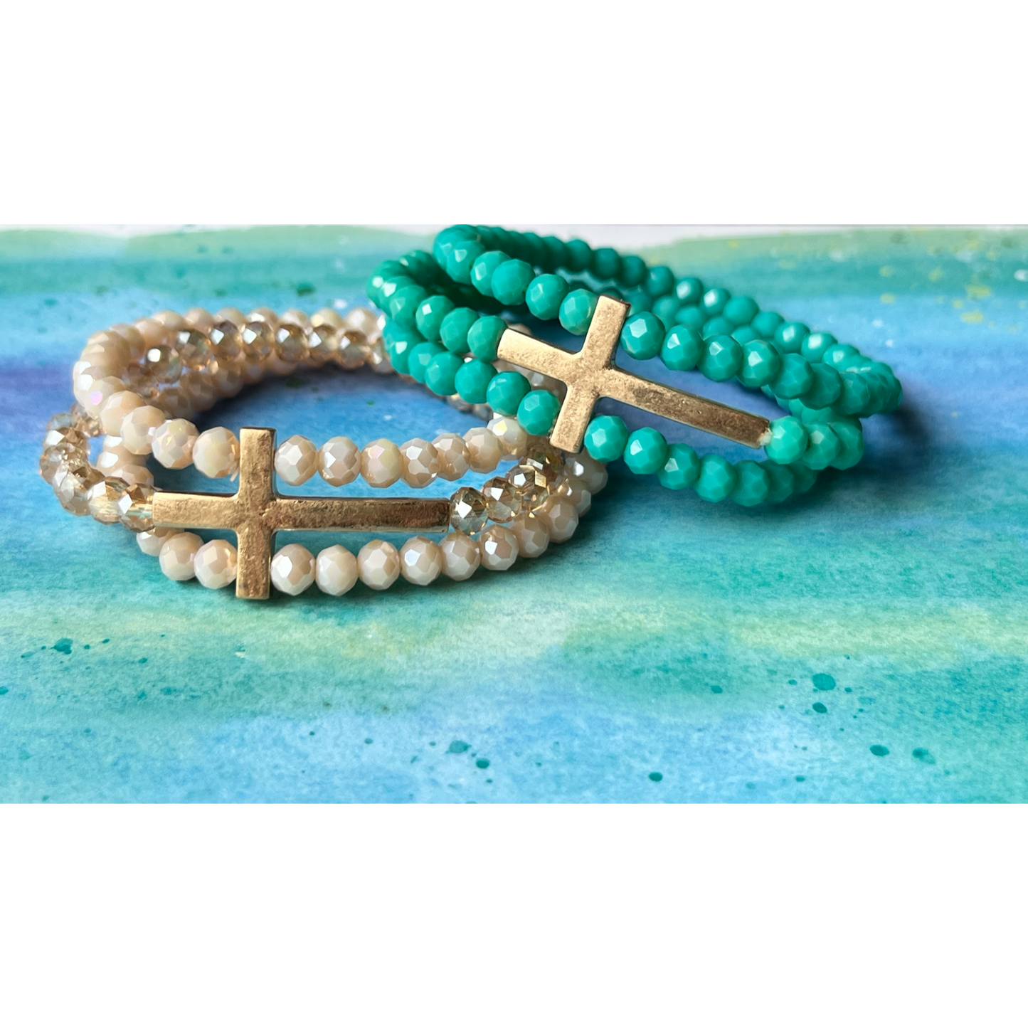 Layered Cross and Glass Bead Stretch Bracelet - Cassie's Creekside Boutique