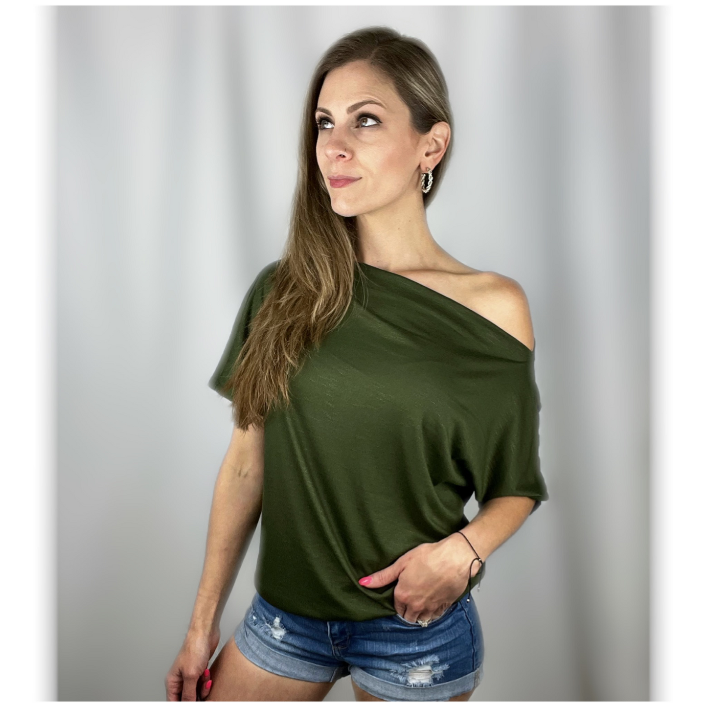 Olive Draped Off The Shoulder Top - Cassie's Creekside Boutique