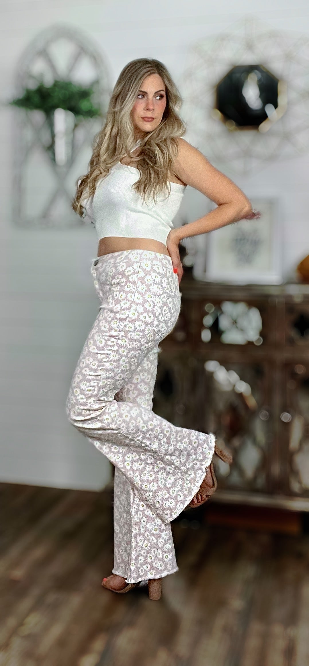 Pink Daisy Bell Bottom Flare Pants - Cassie's Creekside Boutique
