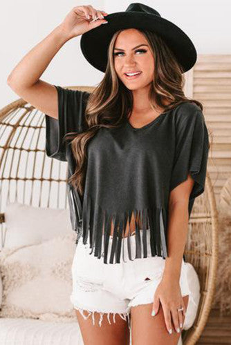 Black Fringed Hem V-Neck Tee