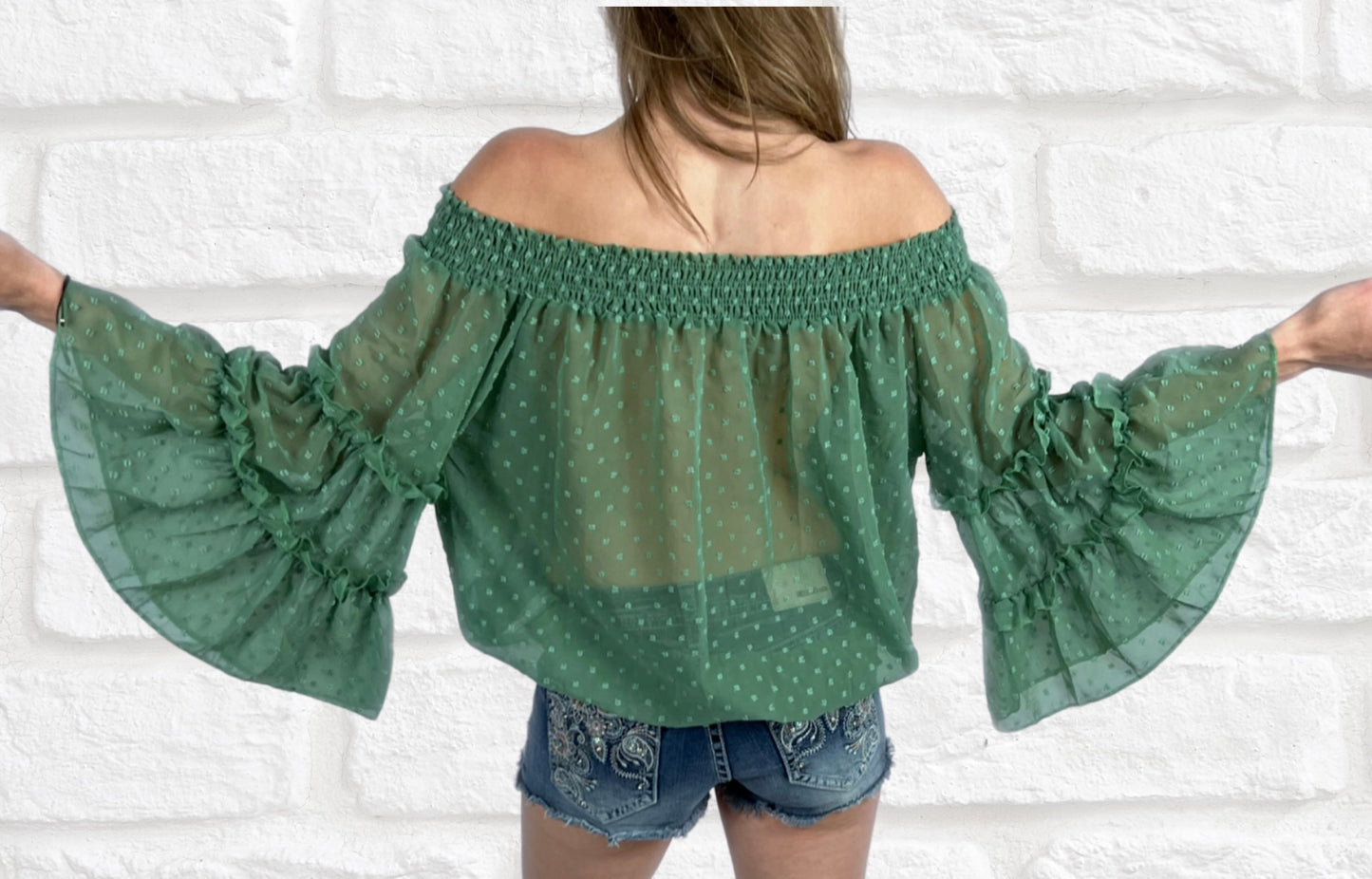 Sage Off Shoulder Bell Sleeve Blouse - Cassie's Creekside Boutique