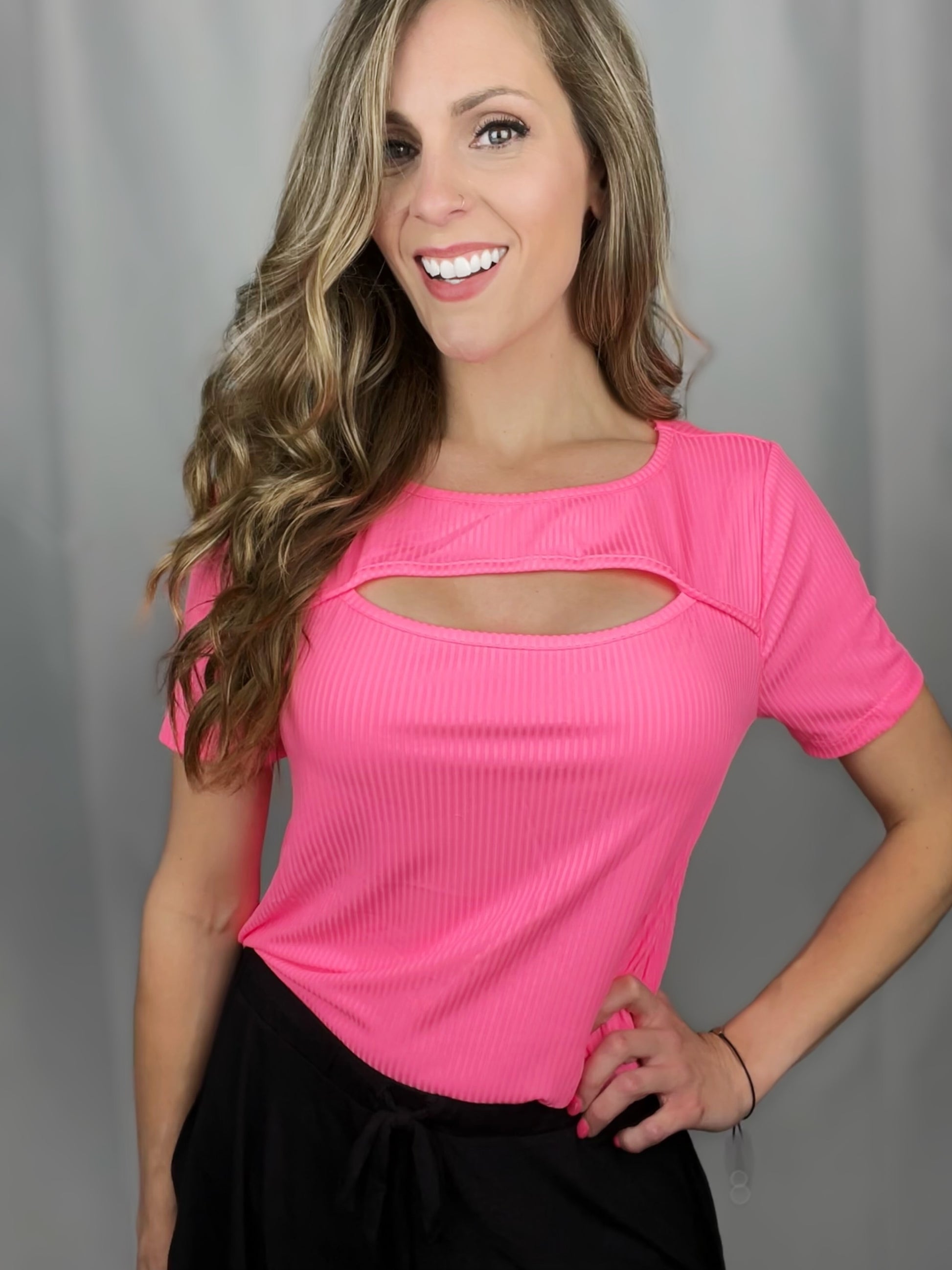 Neon Pink-a-boo Top - Cassie's Creekside Boutique