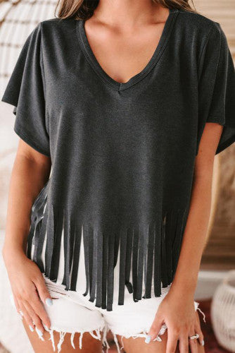 Black Fringed Hem V-Neck Tee - Cassie's Creekside Boutique