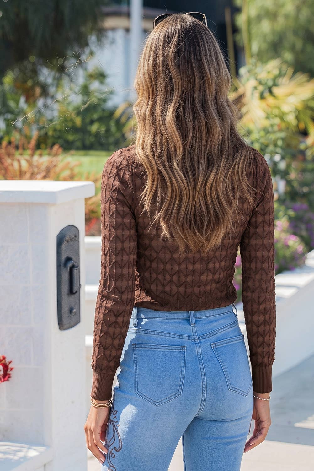 Sheer Textured Lace Mock Neck Long Sleeve Top - Cassie's Creekside Boutique