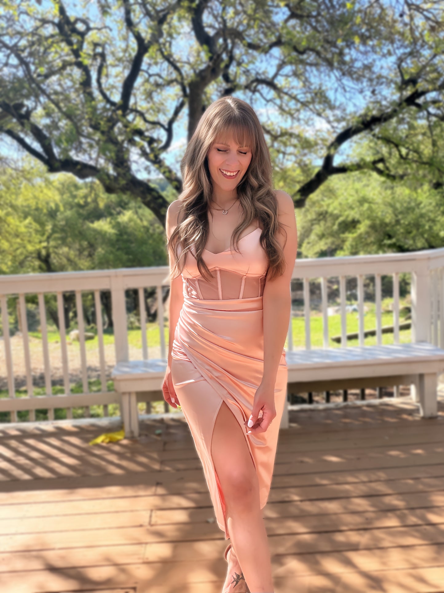 Soft Pink Front Slit Satin Corset Dress - Cassie's Creekside Boutique