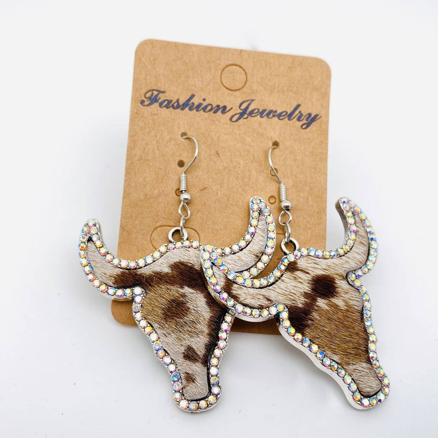 Rhinestone Cowhide Steerhead Earrings
